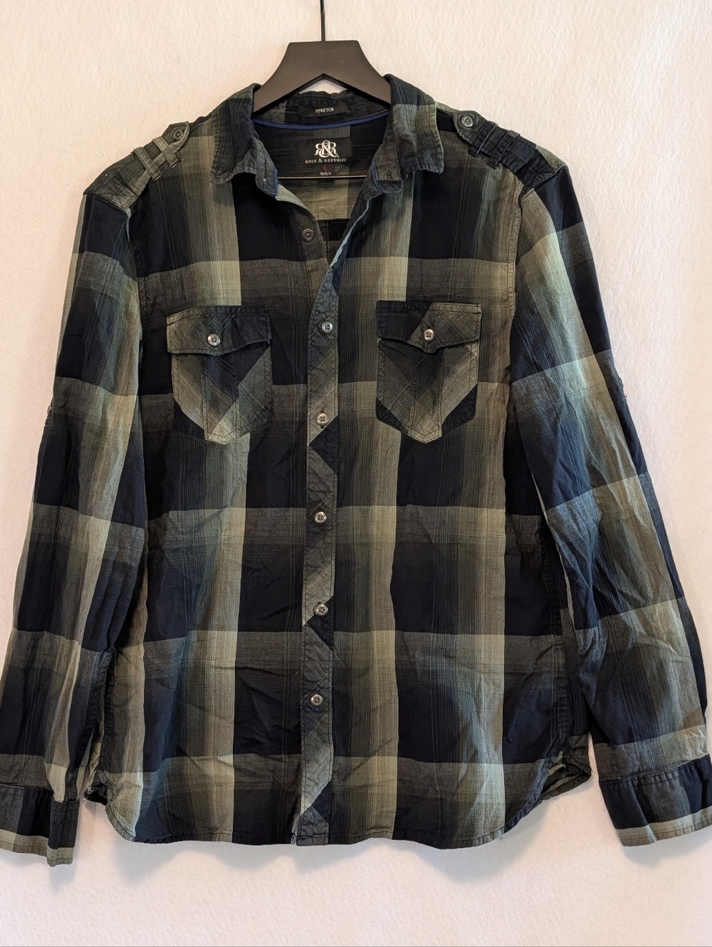 Rock & Republic Plaid Button Front Shirt Womens Large Fitted Stretch Top Rocker